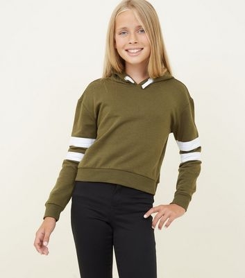 Girls Khaki Stripe Sleeve Hoodie