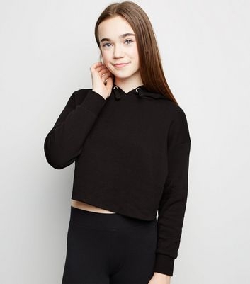 Girls Black Raw Hem Hoodie