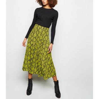 Yellow Snake Print Pleated Midi Skirt