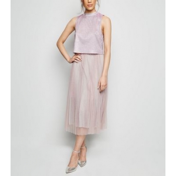 Pink Glitter Tulle Pleated Midi Skirt