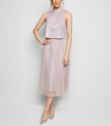 Pink Glitter Tulle Pleated Midi Skirt