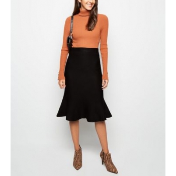 Black Knit Fishtail Hem Midi Skirt