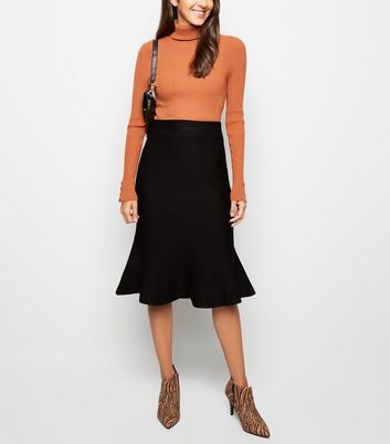 Black Knit Fishtail Hem Midi Skirt