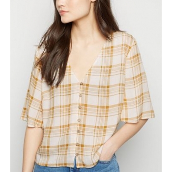 Mustard Check Flare Sleeve Blouse