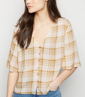 Mustard Check Flare Sleeve Blouse