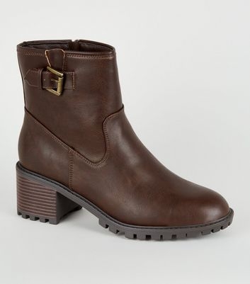 Brown Buckle Strap Chunky Biker Boots