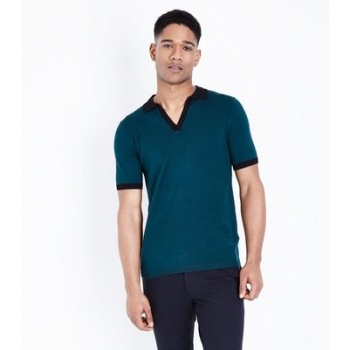 Teal White Revere Collar Knit Polo Shirt