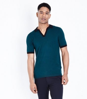 Teal White Revere Collar Knit Polo Shirt