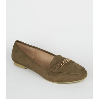 Wide Fit Khaki Suedette Chain Loafers