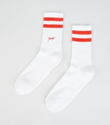 White and Red Stripe Toronto Embroidered Socks