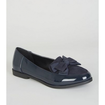 Navy Patent and Suedette Bow Front Loafers