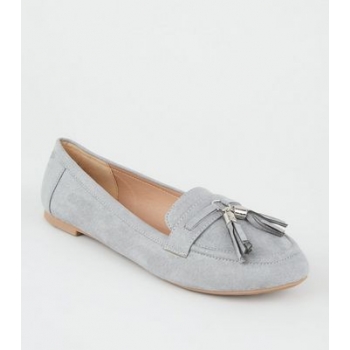 Wide Fit Grey Suedette Tassel Trim Loafers