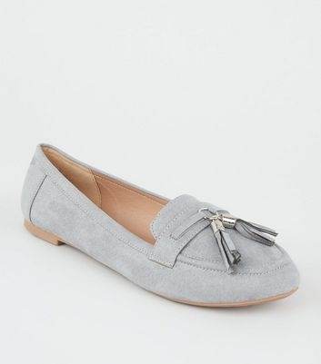 Wide Fit Grey Suedette Tassel Trim Loafers