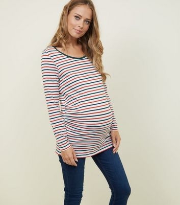 Maternity Orange and Green Stripe Long Sleeve T-Shirt