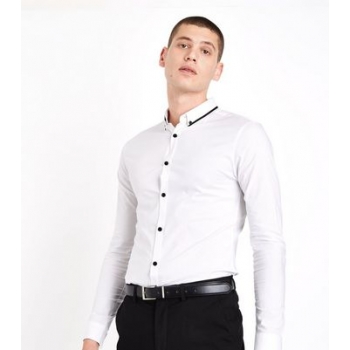 White Double Collar Trim Muscle Fit Shirt