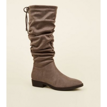 Grey Suedette Slouchy Knee High Boots