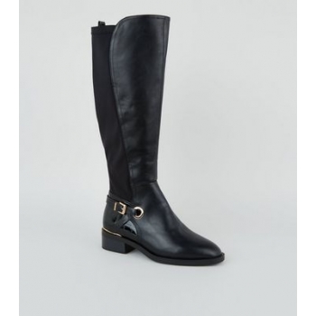 Wide Fit Black Buckle Heel Knee High Boots