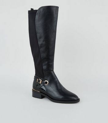 Wide Fit Black Buckle Heel Knee High Boots