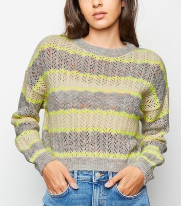 Grey Neon Stripe Pointelle Jumper