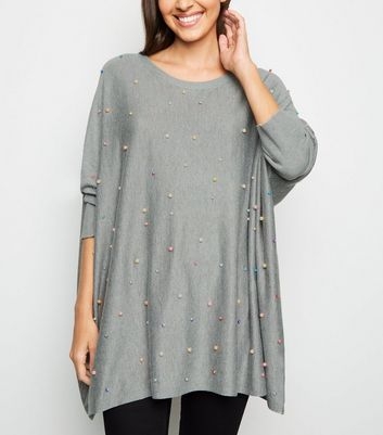 Blue Vanilla Pale Grey Faux Pearl Oversized Jumper