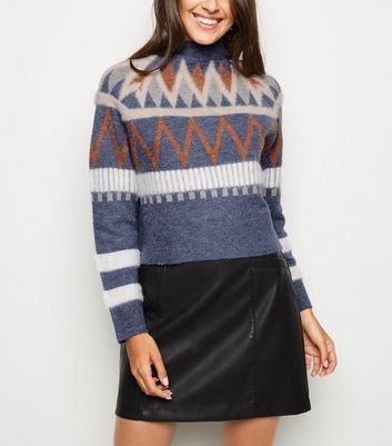 Blue Fluffy Geometric Funnel Neck Jumper