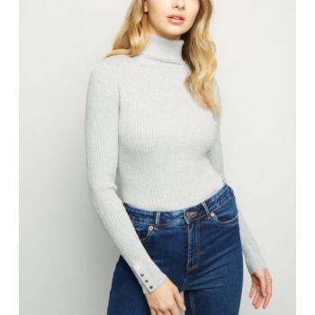 Pale Grey Roll Neck Popper Cuff Jumper