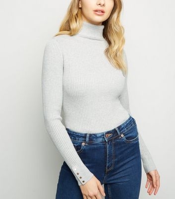 Pale Grey Roll Neck Popper Cuff Jumper