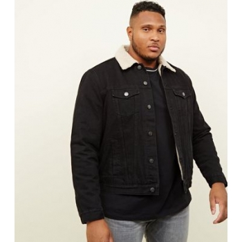 Plus Size Black Washed Denim Borg Lined Jacket