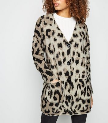 Brown Leopard Print Brushed Knit Cardigan