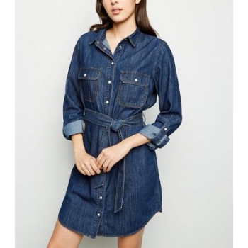 Blue Denim Belted Mini Shirt Dress