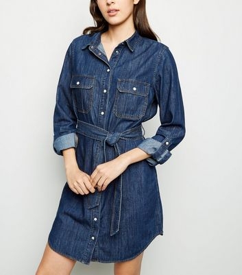 Blue Denim Belted Mini Shirt Dress