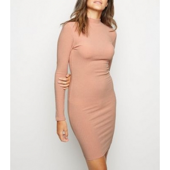 Pink High Neck Ribbed Bodycon Dress