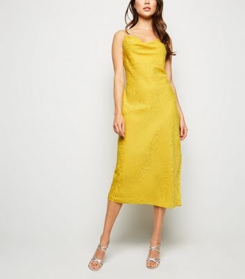 Yellow Zebra Satin Cowl Neck Midi Dress