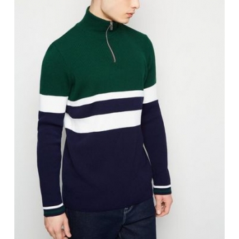 Green Colour Block 1/2 Zip Ribbed Jumper