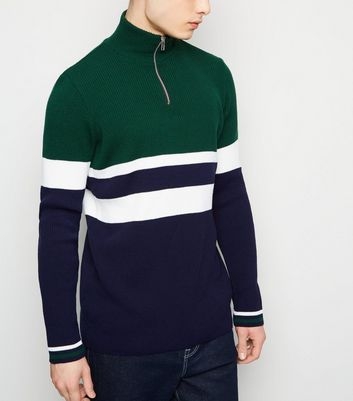 Green Colour Block 1/2 Zip Ribbed Jumper