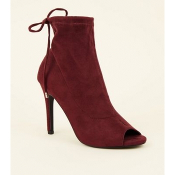 Dark Red Suedette Peep Toe Stiletto Sock Boots