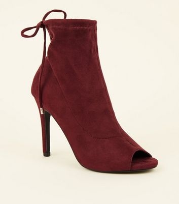 Dark Red Suedette Peep Toe Stiletto Sock Boots