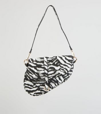 Black Faux Zebra Asymmetric Saddle Bag