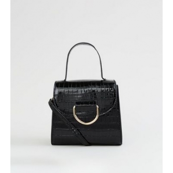 Black Faux Croc Ring Front Hand Bag