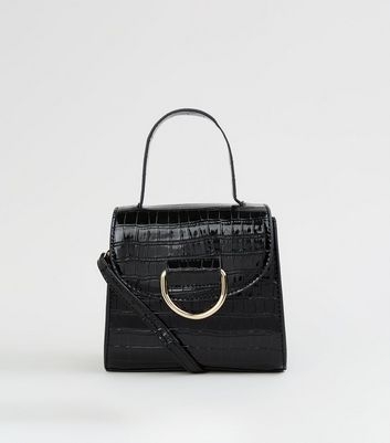 Black Faux Croc Ring Front Hand Bag