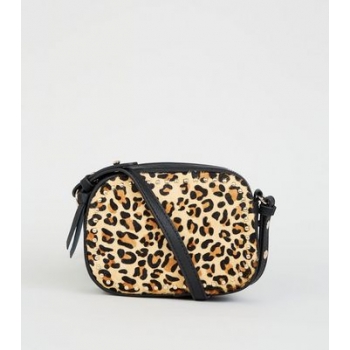 Brown Leather Leopard Print Cross Body Bag