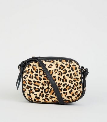 Brown Leather Leopard Print Cross Body Bag