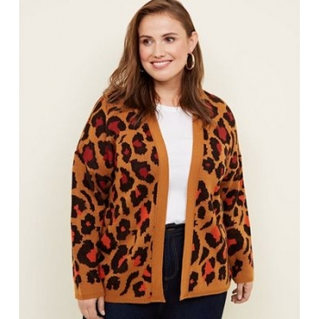 Curves Orange Colour Pop Leopard Print Cardigan