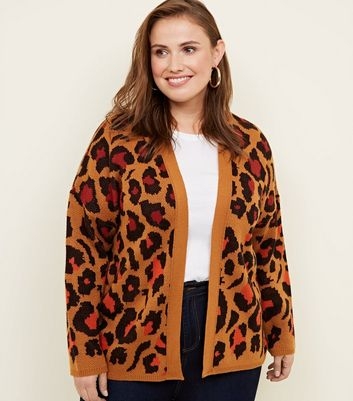 Curves Orange Colour Pop Leopard Print Cardigan