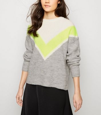 Grey Neon Chevron Colour Block Jumper