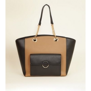 Camel Leather-Look Block Ring Front Tote Bag