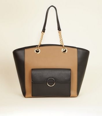 Camel Leather-Look Block Ring Front Tote Bag