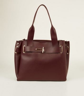 Burgundy Buckle Trim Slouch Tote Bag