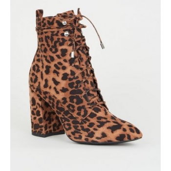 Brown Leopard Print Pointed Block Heel Lace Up Boots