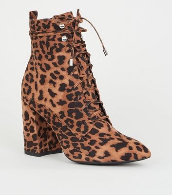 Brown Leopard Print Pointed Block Heel Lace Up Boots